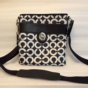 Coach Signature Swingpack Crossbody Black White Jacquard Leather Trim